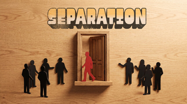 A red miniature silhouette walks alone through a freestanding wooden doorway while black figures watch on a wood background. Large 3D text reads SEPARATION, illustrating employee turnover or layoffs.