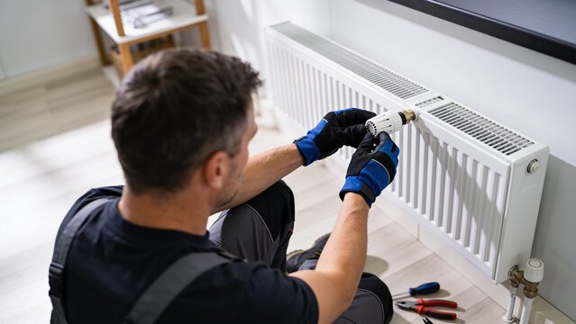 Professional heating technician installing thermostatic radiator valve during home maintenance project Skilled worker wearing protective blue gloves carefully adjusts white temperature control on mode