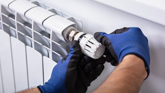 Professional heating technician installing thermostatic radiator valve during home maintenance project Skilled worker wearing protective blue gloves carefully adjusts white temperature control on mode