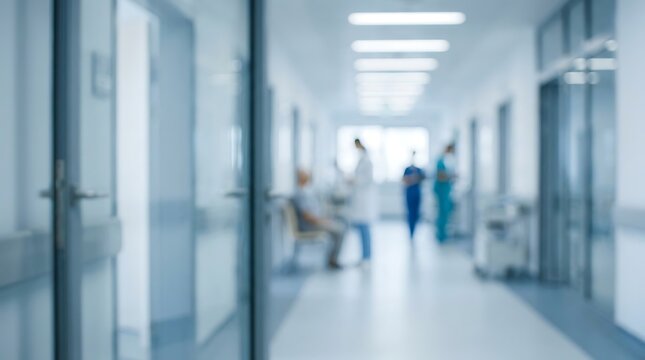 Blurred background of modern hospital corridor with medical staff and patient