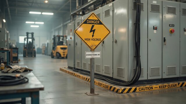 Yellow high voltage danger sign placed inside a large industrial facility