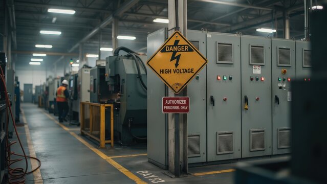 High voltage warning sign mounted on industrial electrical control metal panels
