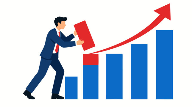 Determined businessman lifting a red rectangular block to complete an ascending bar chart graph under a curved rising arrow in a constructive flat vector illustration on a solid white background