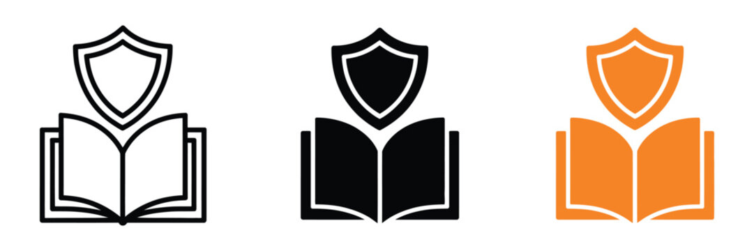 book shield icon set, secure knowledge, copyright privacy law and learning protection