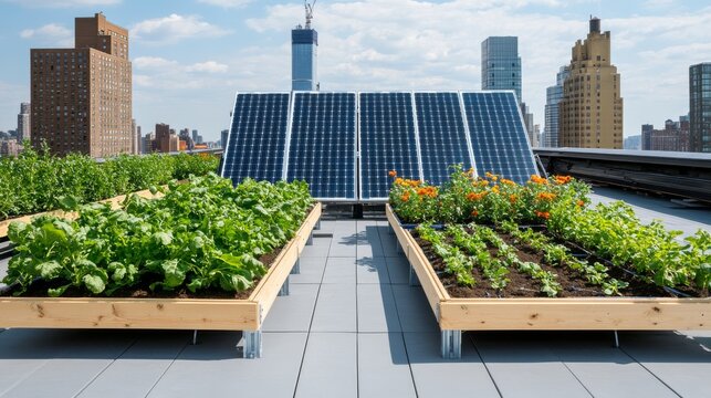 Moonlit Night Beyond the Peaceful Seating Corner: Rooftop Terrace With Rooftop Farm Beds And Solar Panels Rooft &acirc;&euro;&ldquo; Skyline Study 3