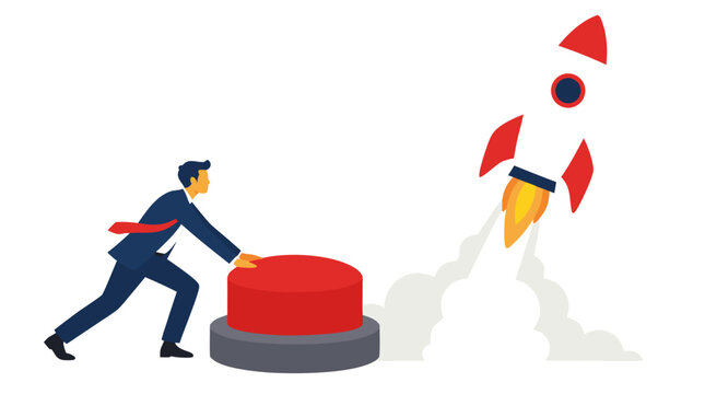 Ambitious businessman in a navy suit pressing a giant circular red push button to launch a white and red space rocket soaring into flight in bright flat modern startup vector illustration