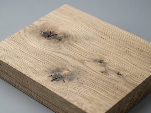 Close up of a light oak wood block with natural knots and grain patterns