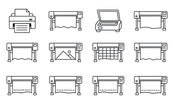 printers and cutting plotter machines illustrated in line art style