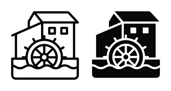 Watermill icon set featuring traditional mill house with water wheel on river in outline and solid black vector graphic styles