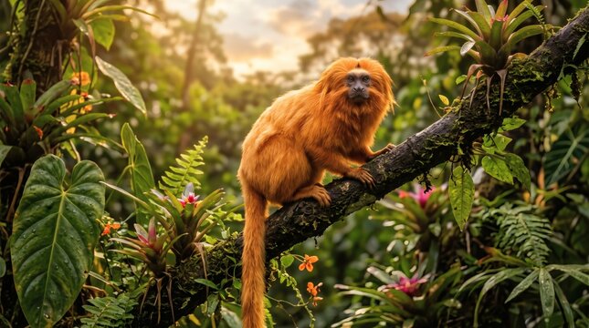 Golden Lion Tamarin Perched on Mossy Branch in Rainforest