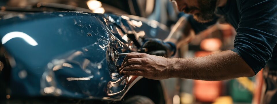 Mechanic repairs damaged blue car in auto shop at daytime
