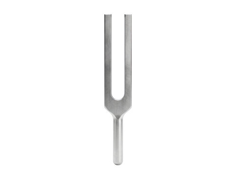 Silver metal tuning fork with a reflective surface isolated on a neutral background.