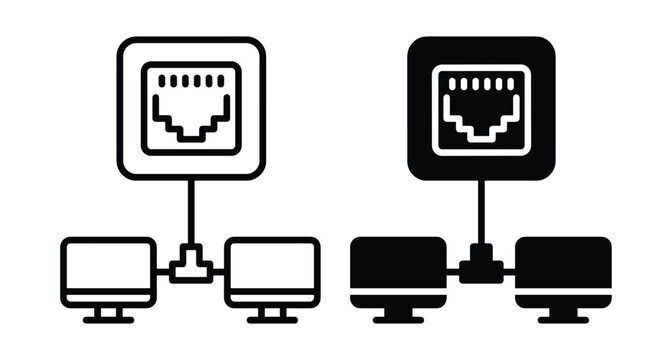 Ethernet network connection icon set showing RJ45 port linked to computer monitors for local area network data transfer and internet