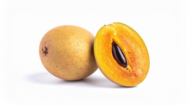 Fresh sapodilla fruit with half slice isolated on white background