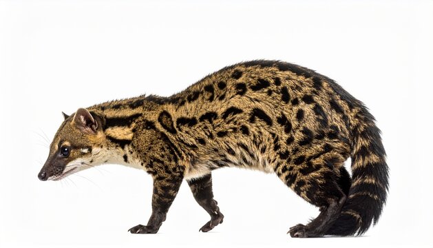 Spotted Genet Cat Walking Profile View Isolated on White Background