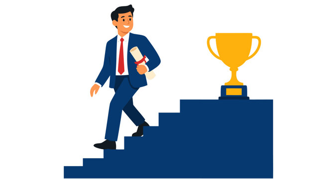 A cheerful businessman stepping down a staircase holding a rolled diploma beside a golden trophy in a flat vector illustration using deep navy blue, warm gold, crimson red, and solid white