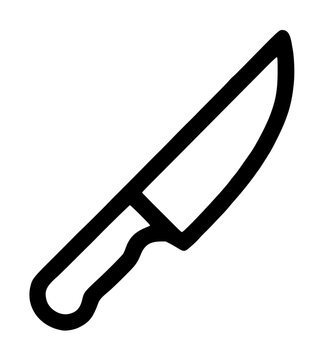 Hand-drawn fillet knife outline icon, simple black line art vector illustration of a curved kitchen filleting knife, perfect for culinary and cooking design projects, isolated on white background