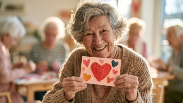 Elderly woman shares handmade card with hearts during activity in senior center