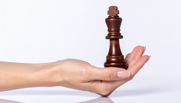Woman Hand Holding Wooden Chess King Piece on White Background Business Strategy Concept