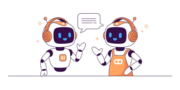 Two friendly ai robots talking and interacting with a speech bubble icon