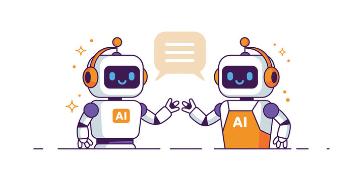 Two friendly ai robots talking and interacting with a speech bubble icon