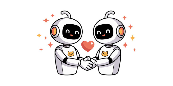 Two cute pixel art robots holding hands with a red heart symbol