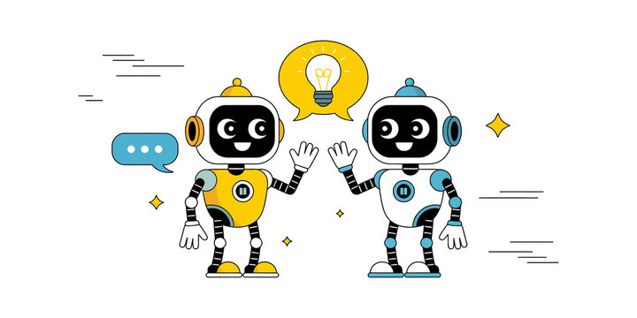 Two cute robots high five with a light bulb idea symbol in flat vector style