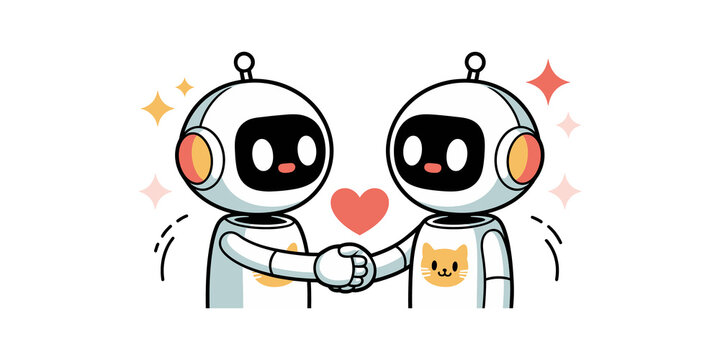 Two cute pixel art robots holding hands with a red heart symbol