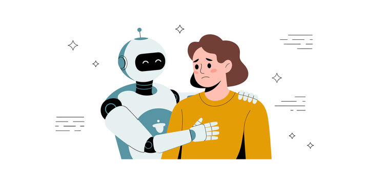 Friendly robot touching the shoulder of a sad person to provide comfort