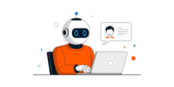 Friendly robot using a laptop to chat with a person