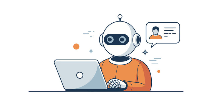 Friendly robot using a laptop to chat with a person
