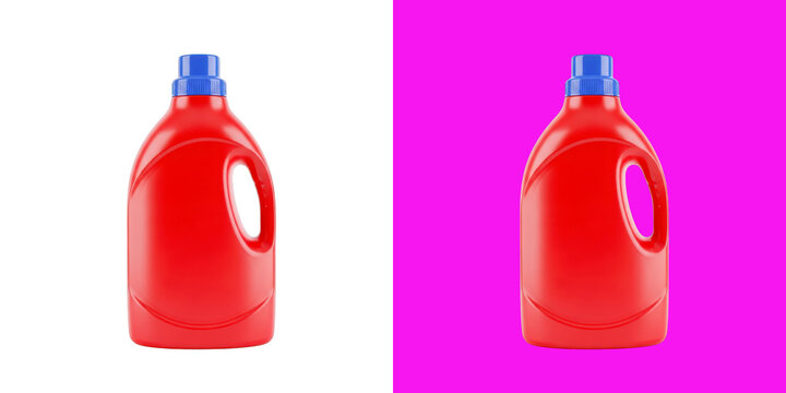 Red plastic detergent bottle with a blue cap product shot