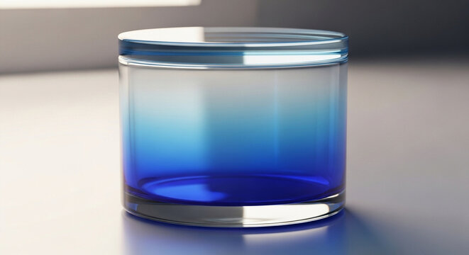 A stylish blue and white gradient glass container sits peacefully on a smooth surface inside a sunlit room, creating lovely reflections across the wooden tabletop during morning hours