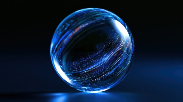 Futuristic blue glass sphere with glowing digital rings and advanced technology elements, idea for AI innovation, virtual network
