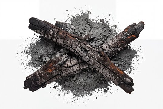 Two charred wooden logs crossed over a pile of grey ash on white background.
