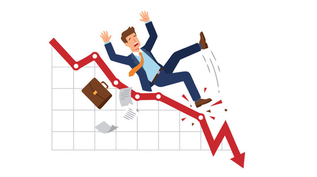 A startled businessman in a blue suit slips and falls backwards from a plunging red stock market arrow line graph with scattering paper sheets in this financial crash vector artwork
