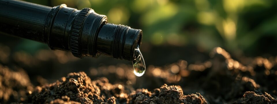 Gardening with a drip irrigation system supplying water to the soil in a farm field during late afternoon