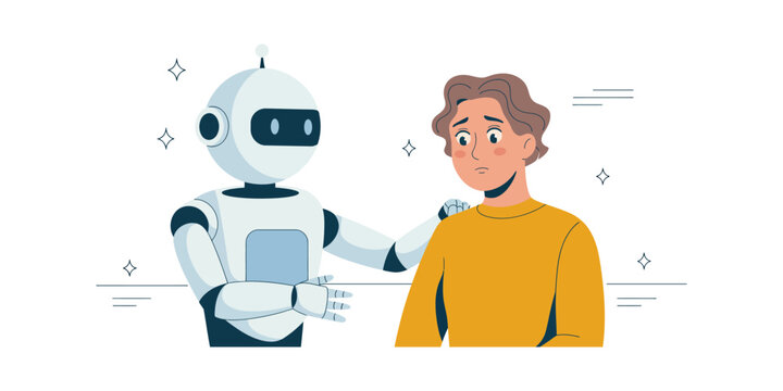 Friendly robot touching the shoulder of a sad person to provide comfort