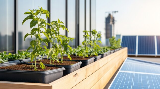 Summer Glow Beyond the Peaceful Seating Corner: Rooftop Terrace With Rooftop Farm Beds And Solar Panels Rooft &acirc;&euro;&ldquo; Skyline Study 7