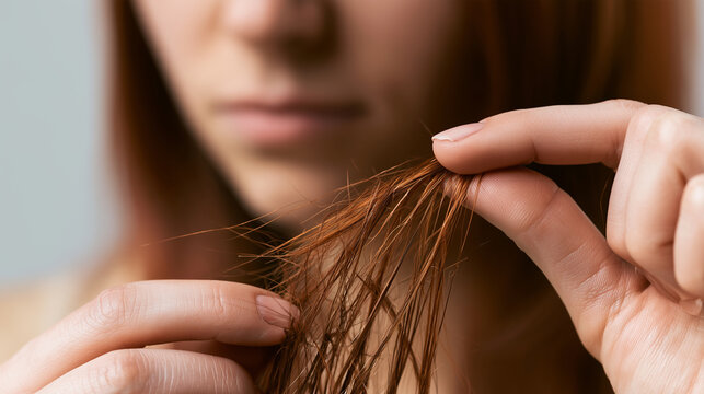 Woman examining dry, split and damaged hair ends with her fingers, close-up showing brittle strands and visible breakage near the tips, split ends, damaged hair, hair breakage, dry