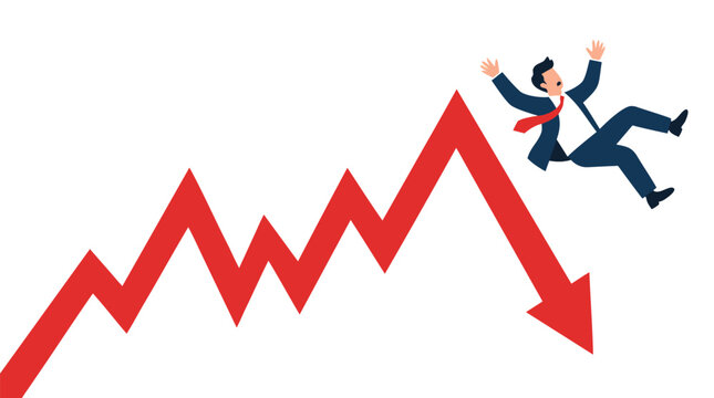 Terrified businessman flailing backwards in midair while plunging from a steep downward zigzagging red market crash arrow in this financial crisis vector illustration on white backdrop