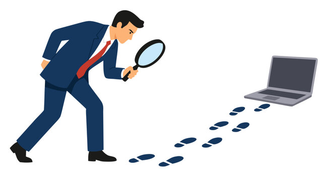 Corporate detective businessman using a large magnifying glass to inspect footprint trails leading toward an open laptop in this data tracking vector illustration isolated on white