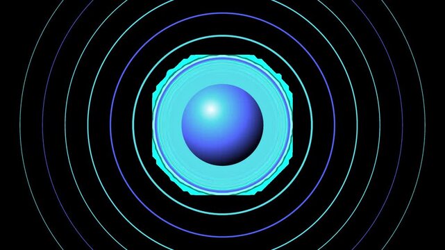Blue sphere radiating concentric rings of light outward from center, transparent background