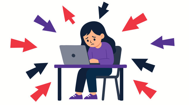 Distressed young girl sitting at a desk with an open laptop surrounded by hostile cursor arrows pointing at her in this cyberbullying and internet harassment vector illustration on white