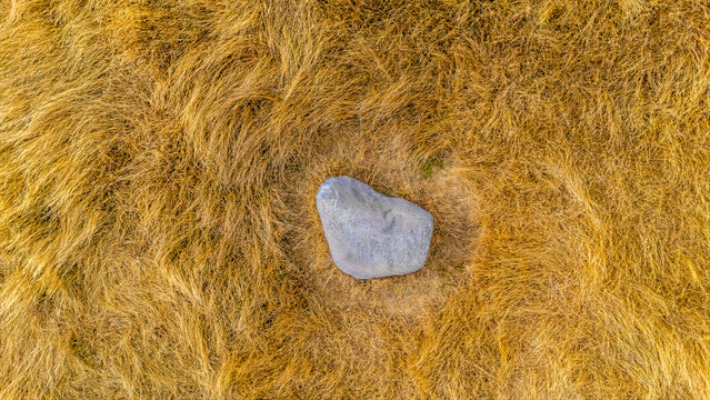 An aerial view directly above  the Judith Stone, a large glacial erratic block located in a ridge and furrow field in Lubenham, Leicestershire in summertime