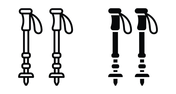 Trekking poles icon set featuring outline and solid black glyph styles for hiking walking mountaineering outdoor adventure and sports equipment