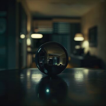 Reflective Black Glass Sphere on Table in Moody Modern Interior