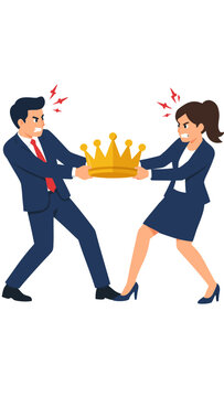Vector illustration of two furious rival corporate coworkers in navy suits engaged in a fierce tug of war pulling opposite ends of a golden crown against a clean solid white background