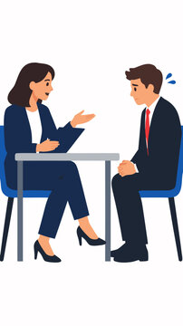 Vector illustration of a professional corporate human resources woman interviewing a nervous male job candidate across a small gray office table against a clean solid white background