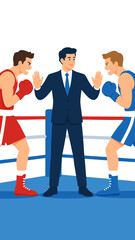 Fototapeta premium A calm mediator standing between aggressive boxers inside a ring with open palms raised, conflict resolution and negotiation vector illustration isolated against a white background